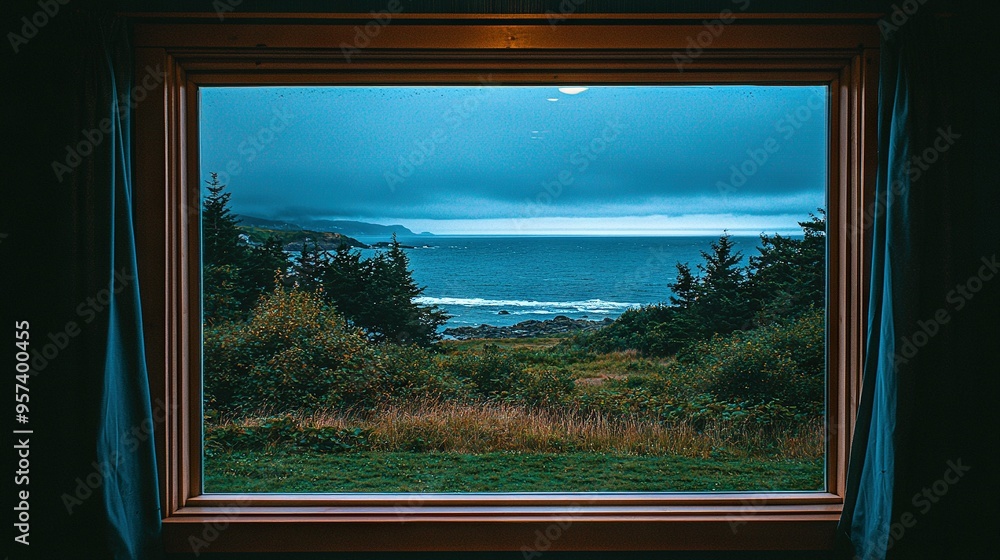 Poster a picture showcases a window looking onto a lake with a mountain range visible in the background, fe