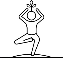 Simple Line Art of a Figure in Tree Pose with Leaves Symbolizing Growth and Harmony