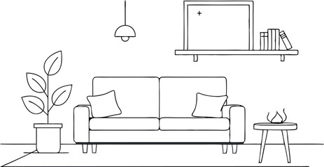 continuous single line drawing of corner sofa near fireplace. Scandinavian home interior design of modern living room, line art vector illustration