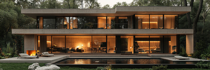 Modern concrete house with a swimming pool and a fire pit on the patio.