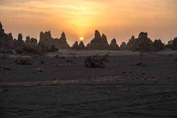 Sunrise around the volcanic chimneys of Lake Abbe (Lac Abbe Bad), Djibouti