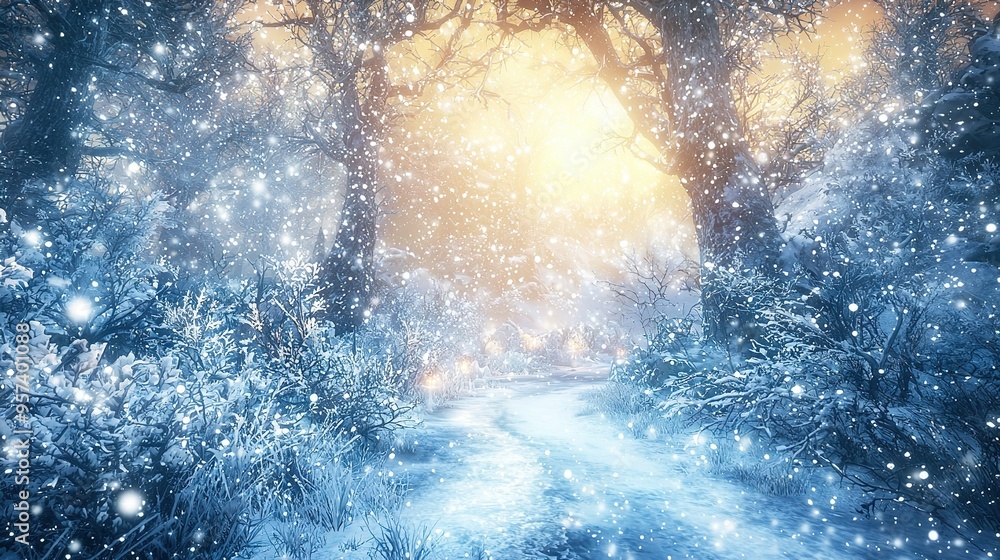 Poster a snowy forest path, illuminated by sunlight filtering through tree branches snowflakes adorn the gr