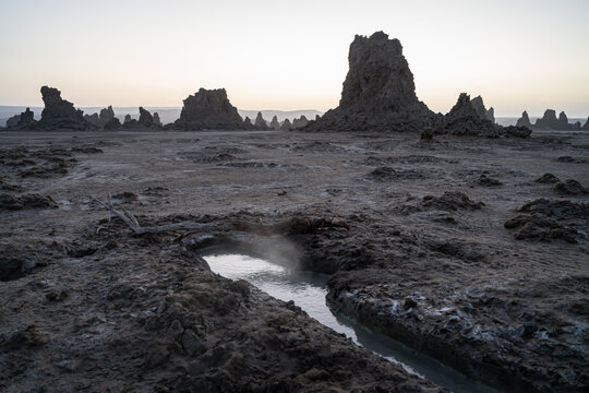 Landscape with steam and chimneys at Lac Abb&eacute;, Djibouti