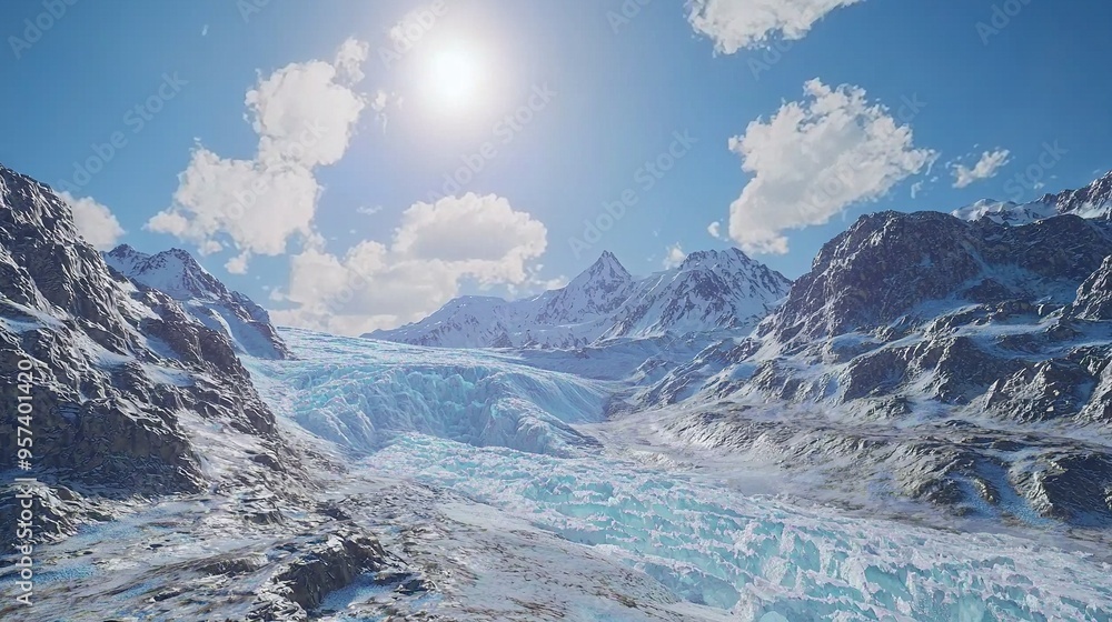 Poster sun shines on snow-capped mountains with glacier in foreground, mountain range visible in background