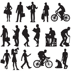 Silhouettes of people in engaging in everyday activities set vector with white background