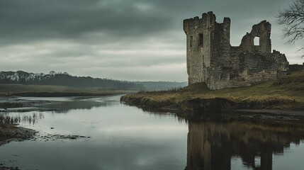   A majestic castle perched atop a verdant hillside, overlooking a serene body of water and surrounded by a dense forest