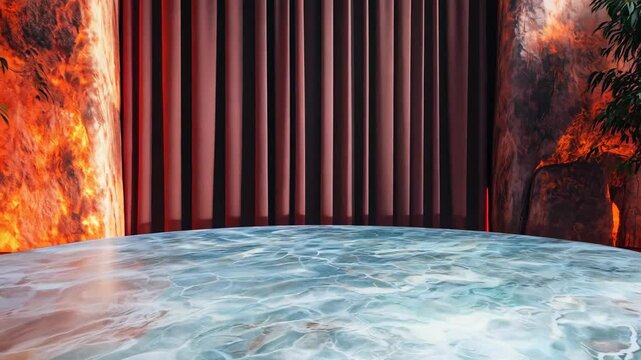 A light gray marble podium with curtain on background.