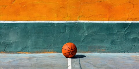 A basketball rests on a painted court waiting for the next game to begin in bright sunlight