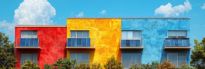 Colorful apartment building with solar panels on the balconies.