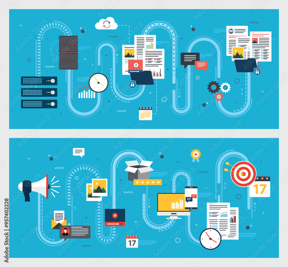 Poster flat icon set design in internet banner template with concept of database sharing, security and back
