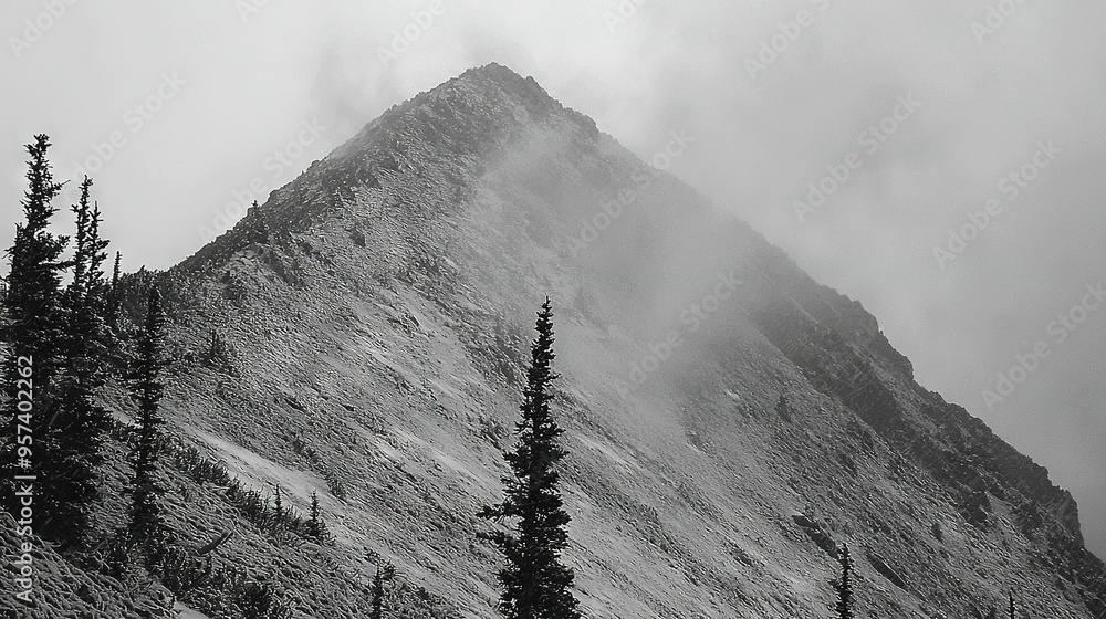 Poster a monochrome picture of a mountain surrounded by trees in the foreground and a hazy sky in the backg