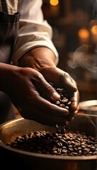 Barista Hands holding Dark Roasted coffee beans Morning Beverage Drink Caffeine Aroma Cafe Brew Ingredient