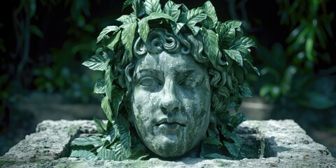 Ancient stone sculpture of a leafy god with intricate details found in a lush garden setting