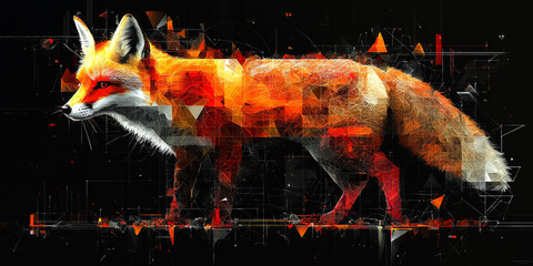 A stylized fox in orange and red hues against a dark background.