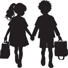 Back to school boy and girl with bags holding hands silhouette vector.