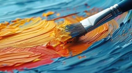 Fototapeta premium Macro shot of a paintbrush applying vibrant colors on a textured canvas in an artist's studio