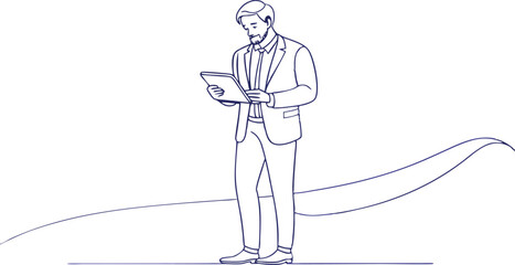 continuous single line drawing of business man standing in using digital tablet  , line art vector illustration