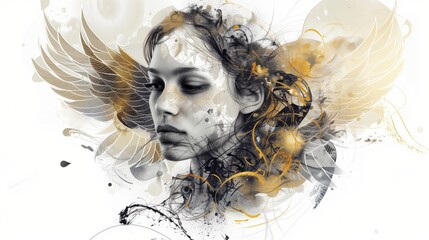 Una ilustración digital artística de una mujer angelical, mezclando elementos como salpicaduras y remolinos con formas abstractas para resaltar su belleza etérea