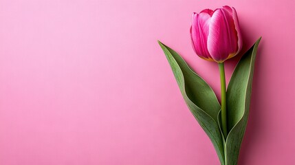 Fototapeta premium A solitary pink tulip resting atop a pink background, adorned with a green stem extending from its base