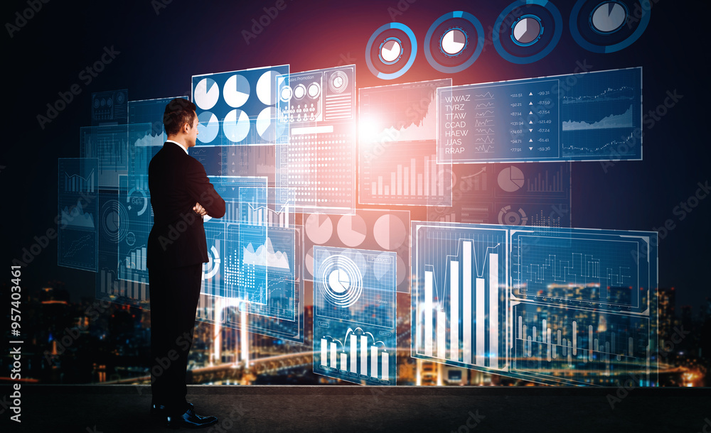 Poster big data technology for business finance analytic concept. modern interface shows massive informatio
