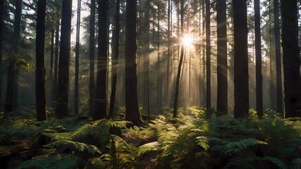 A dense forest with sunlight streaming through the trees