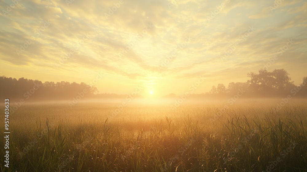 Aufkleber a clear field with trees in the background and bright sunlight filtering through the clouds during m