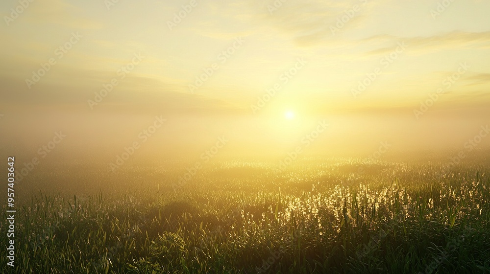 Poster the sun is setting over a foggy field with towering grass in the foreground and a sea of tall grass 
