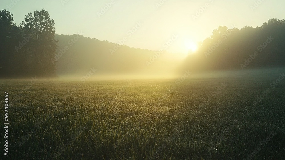Poster a field with trees in the background and a foggy sky in the middle, with the sun shining through the