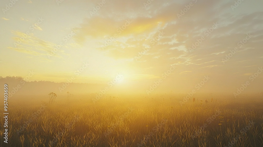 Poster the sun sets behind tall grass in the foreground and trees in the background of a foggy field