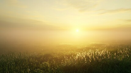   The sun is setting over a foggy field with towering grass in the foreground and a sea of tall grass in the background