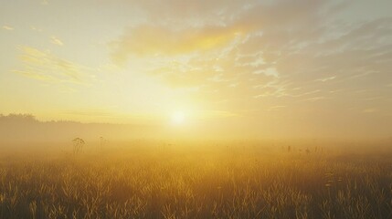 Fototapeta premium The sun sets behind tall grass in the foreground and trees in the background of a foggy field