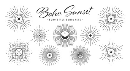 Vintage sunburst, sunset beams collection. Boho style, modern minimalist bohemian design. Hand drawn bursting sun, light rays. Logotype or lettering design element in retro style. Vector illustration