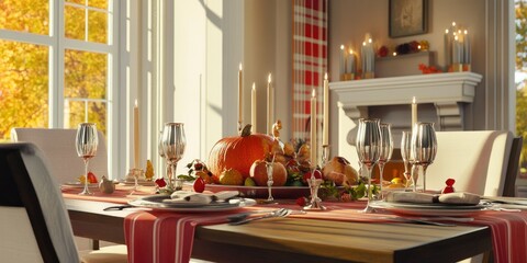 Fototapeta premium Festive Thanksgiving dinner setting with a decorated table and seasonal decor in autumn light