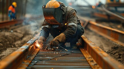 Welder working diligently on steel tracks during daylight hours in an industrial area