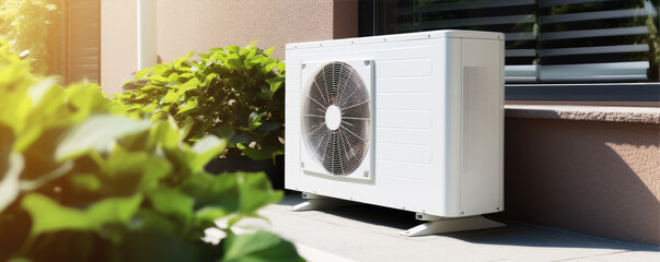 Air conditioner heat pump installed on side of building.