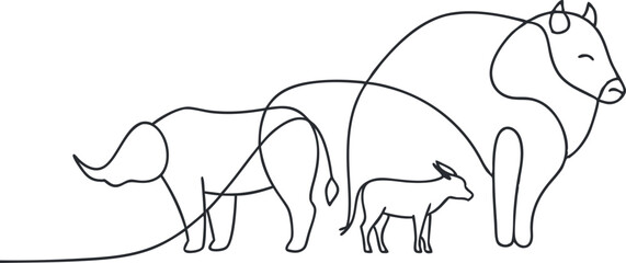 continuous single line drawing of animal set , line art vector illustration