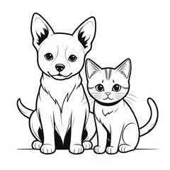 Obraz premium Black and white illustration of cat and dog sitting together. 
