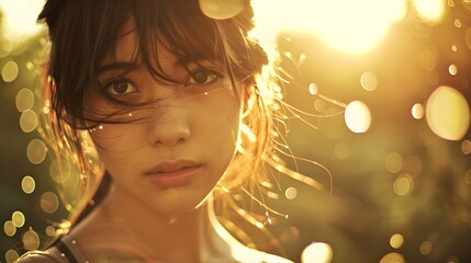 Fototapeta premium Attractive beautiful young girl sunlight sunshine effect