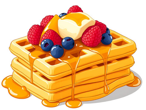 recommend clip art: Clip art of a stack of waffles topped with butter, syrup, and fresh berries with a light drizzle of syrup running down the sides.