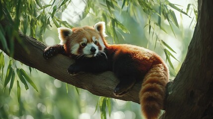 Fototapeta premium Red Panda Napping in Tree