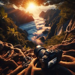 The camera slowly descends, bringing us closer to the earth and immersing us in the beauty of nature.