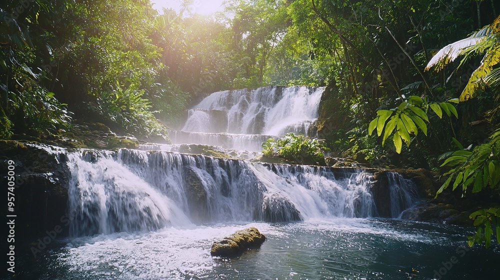 Poster a waterfall surrounded by trees in a forest with a central rock