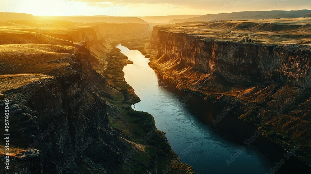 Aufkleber the sun is setting over a canyon with a river running between it and a cliff that has another river