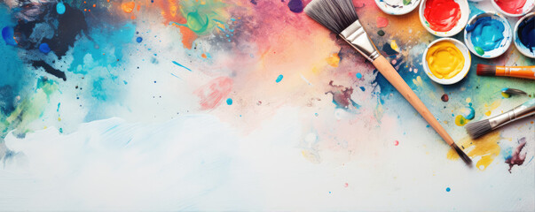 Painter tools for artist, cans and bushes. Colorful paint pallete