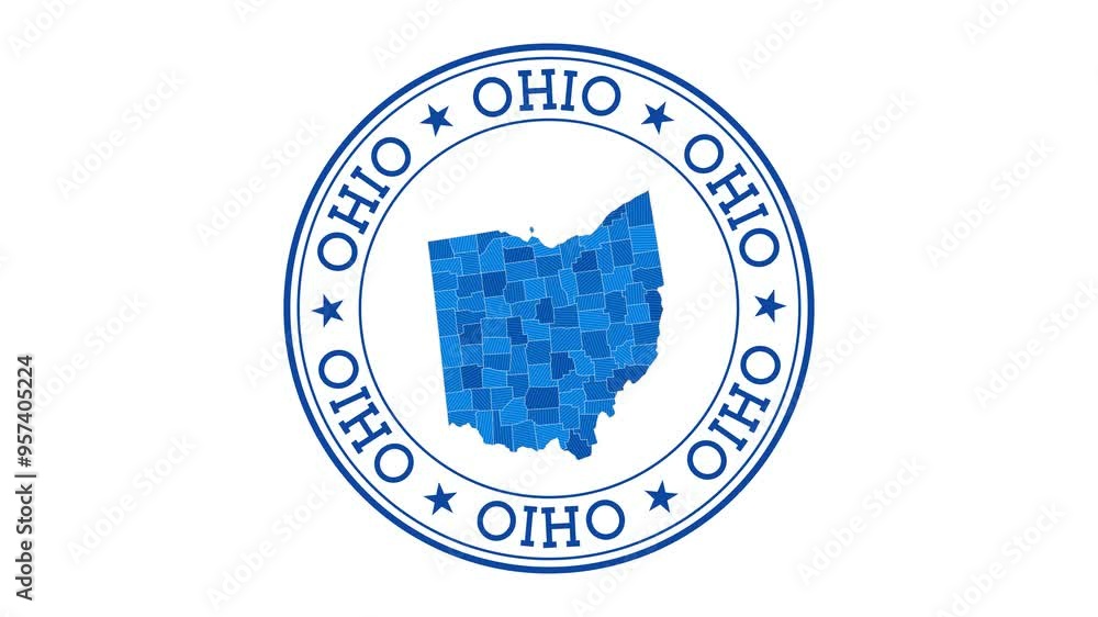 Poster ohio intro. badge with the circular name and map of us state. ohio round logo animation.
