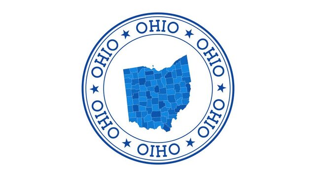 Ohio intro. Badge with the circular name and map of US state. Ohio round logo animation.
