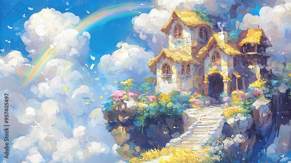 Poster a painting of a house on a cliff with a rainbow in the sky and flowers in the foreground and clouds 