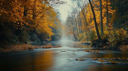   Stream flowing through dense, leaf-strewn forest