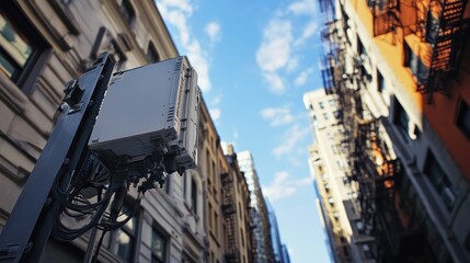 5G base station on tower technology on a street in the city