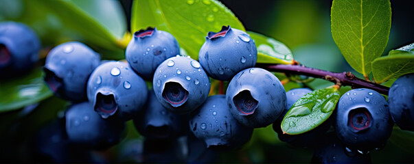 Fresh huckleberries on green twig. (Vaccinium corymbosum). Blueberries